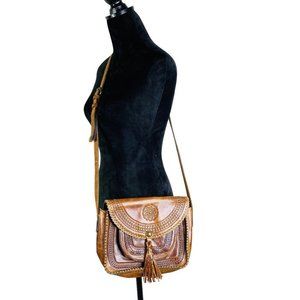 Patricia Nash Cognac Smooth Braided Leather Beaumont Whipstitch Saddle Crossbody